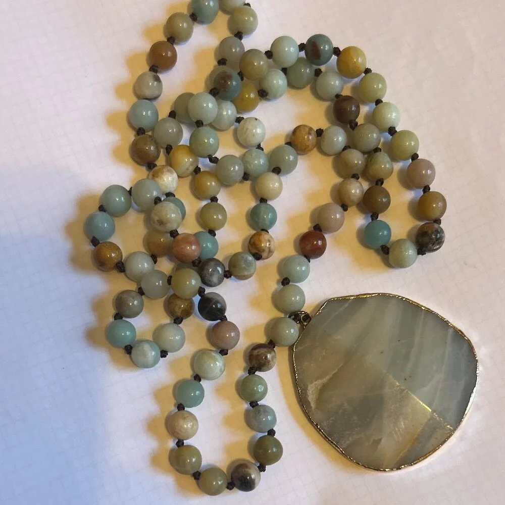 Stone Agate Multi Color Beaded Blue Gray Medallion Necklace Artsy Boho Festival